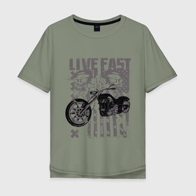 Мужская футболка хлопок Oversize с принтом Жить быстро  в Петрозаводске, 100% хлопок | свободный крой, круглый ворот, “спинка” длиннее передней части | американский чёпер | байкеры. | мотоциклы | флаг сша | черепа с мотоциклом