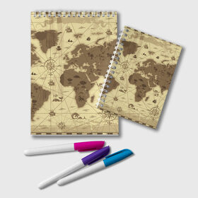 Блокнот с принтом Карта мира в Петрозаводске, 100% бумага | 48 листов, плотность листов — 60 г/м2, плотность картонной обложки — 250 г/м2. Листы скреплены удобной пружинной спиралью. Цвет линий — светло-серый
 | география | карта | карта мира | корабли | моряки