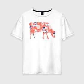 Женская футболка хлопок Oversize с принтом корова с цветами в Петрозаводске, 100% хлопок | свободный крой, круглый ворот, спущенный рукав, длина до линии бедер
 | 2021 | бык | год быка | год коровы | корова | новый год | символ года