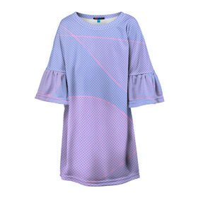 Детское платье 3D с принтом Lines98 в Петрозаводске, 100% полиэстер | прямой силуэт, чуть расширенный к низу. Круглая горловина, на рукавах — воланы | Тематика изображения на принте: blue | good | lines | pink | positive | vibes | квадраты | красиво | линии | розовый | текстура | узор | шары