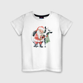 Детская футболка хлопок с принтом дед мороз с коровкой в Петрозаводске, 100% хлопок | круглый вырез горловины, полуприлегающий силуэт, длина до линии бедер | 2021 | бык | год быка | год коровы | новый год | символ года