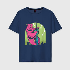 Женская футболка хлопок Oversize с принтом Медведь Кинг Конг в Петрозаводске, 100% хлопок | свободный крой, круглый ворот, спущенный рукав, длина до линии бедер
 | art | bear | city | illustration | king | kong | lightnings | parody | pink | skyscraper | smile | tower | urban | арт | башня | вышка | город | добрый | залез | залезает | иллюстрация | мишка | молнии | пародия | прикол | розовый