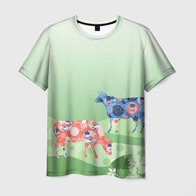 Мужская футболка 3D с принтом коровы в Петрозаводске, 100% полиэфир | прямой крой, круглый вырез горловины, длина до линии бедер | 2021 | бык | год быка | год коровы | новый год | символ года