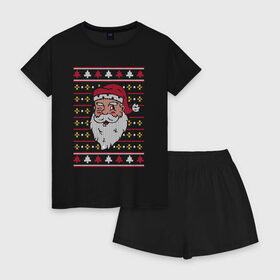 Женская пижама с шортиками хлопок с принтом Рождественский свитер с Сантой в Петрозаводске, 100% хлопок | футболка прямого кроя, шорты свободные с широкой мягкой резинкой | 