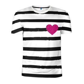 Мужская футболка 3D спортивная с принтом Сердце с полосками в Петрозаводске, 100% полиэстер с улучшенными характеристиками | приталенный силуэт, круглая горловина, широкие плечи, сужается к линии бедра | любовь | милый | модный | полоски | розовый | семья | сердце | чёрный