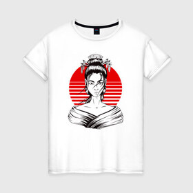 Женская футболка хлопок с принтом Гейша в Петрозаводске, 100% хлопок | прямой крой, круглый вырез горловины, длина до линии бедер, слегка спущенное плечо | anime | art | beauty | geisha | japan | japanese | manga | trend | woman | аниме | арт | восходящее | дневник | дневники | женщина | иллюстрация | искусство | красное | красота | манга | мода | портрет | символ | солнце | страна