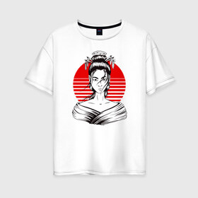 Женская футболка хлопок Oversize с принтом Гейша в Петрозаводске, 100% хлопок | свободный крой, круглый ворот, спущенный рукав, длина до линии бедер
 | anime | art | beauty | geisha | japan | japanese | manga | trend | woman | аниме | арт | восходящее | дневник | дневники | женщина | иллюстрация | искусство | красное | красота | манга | мода | портрет | символ | солнце | страна