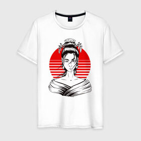 Мужская футболка хлопок с принтом Гейша в Петрозаводске, 100% хлопок | прямой крой, круглый вырез горловины, длина до линии бедер, слегка спущенное плечо. | anime | art | beauty | geisha | japan | japanese | manga | trend | woman | аниме | арт | восходящее | дневник | дневники | женщина | иллюстрация | искусство | красное | красота | манга | мода | портрет | символ | солнце | страна