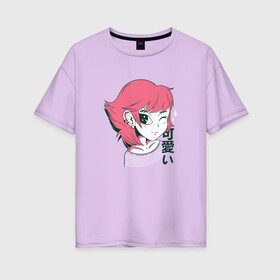 Женская футболка хлопок Oversize с принтом Kawaii Anime Girl в Петрозаводске, 100% хлопок | свободный крой, круглый ворот, спущенный рукав, длина до линии бедер
 | cute | fashion | japan | japanese | kanji | manga | pink | style | waifu | вайфу | девочка | девушка | иероглифы | кавай | кавайи | кавайная | кандзи | катакана | манга | милая | подмигивает | розовая | розовые | стиль | тренд | тренды