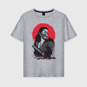 Женская футболка хлопок Oversize с принтом Японский Воин Самурай в Петрозаводске, 100% хлопок | свободный крой, круглый ворот, спущенный рукав, длина до линии бедер
 | art | blade | blood | illustration | japan | japanese | katana | mask | moon | ronin | samurai | sekiro | shogun | sword | tsushima | warrior | арт | в маске | иллюстрация | катана | кровавая | луна | мерч | меч | отступник | ронин | сегун |