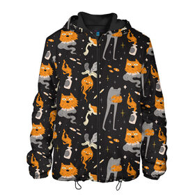 Мужская куртка 3D с принтом Halloween Monsters в Петрозаводске, ткань верха — 100% полиэстер, подклад — флис | прямой крой, подол и капюшон оформлены резинкой с фиксаторами, два кармана без застежек по бокам, один большой потайной карман на груди. Карман на груди застегивается на липучку | angry | art | cat | creatures | flame | grumpy | horror | kitten | kitty | merch | pussy | pussycat | арт | грибы | злые | иллюстрация | котенок | кошка | кринж | мерч | монстры | наряд | недовольные | огонь | паттерн | сердитые | создания