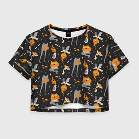Женская футболка Crop-top 3D с принтом Halloween Monsters в Петрозаводске, 100% полиэстер | круглая горловина, длина футболки до линии талии, рукава с отворотами | angry | art | cat | creatures | flame | grumpy | horror | kitten | kitty | merch | pussy | pussycat | арт | грибы | злые | иллюстрация | котенок | кошка | кринж | мерч | монстры | наряд | недовольные | огонь | паттерн | сердитые | создания