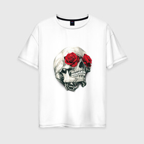 Женская футболка хлопок Oversize с принтом Череп с розами в Петрозаводске, 100% хлопок | свободный крой, круглый ворот, спущенный рукав, длина до линии бедер
 | арт | белый | вектор | зубы | карандаш | красная роза | красные розы | рисунок | рисунок карандаш | роза | розы | череп | чёрный