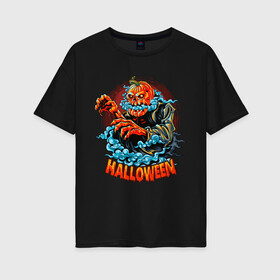Женская футболка хлопок Oversize с принтом Тыквенный Монстр Хэллоуин в Петрозаводске, 100% хлопок | свободный крой, круглый ворот, спущенный рукав, длина до линии бедер
 | 