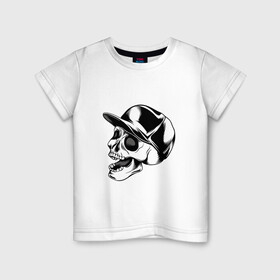 Детская футболка хлопок с принтом Череп в кепке в Петрозаводске, 100% хлопок | круглый вырез горловины, полуприлегающий силуэт, длина до линии бедер | арт | белый | в кепке | вектор | кепка | рисунок | скелет | череп | чёрный