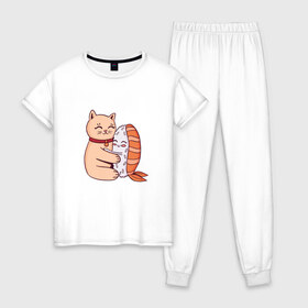 Женская пижама хлопок с принтом Котик обнимается с суши в Петрозаводске, 100% хлопок | брюки и футболка прямого кроя, без карманов, на брюках мягкая резинка на поясе и по низу штанин | cat | cats | cute | hug | hugs | kawaii | kitten | kitty | neko | nigiri | pussy | pussycat | sushi | арт | кавайи | кавайный | киса | киска | кот | котенок | котики | котята | кошка | кошки | милота | милые | милый | неко | нигири | обнимашк