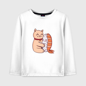 Детский лонгслив хлопок с принтом Котик обнимается с суши в Петрозаводске, 100% хлопок | круглый вырез горловины, полуприлегающий силуэт, длина до линии бедер | Тематика изображения на принте: cat | cats | cute | hug | hugs | kawaii | kitten | kitty | neko | nigiri | pussy | pussycat | sushi | арт | кавайи | кавайный | киса | киска | кот | котенок | котики | котята | кошка | кошки | милота | милые | милый | неко | нигири | обнимашк
