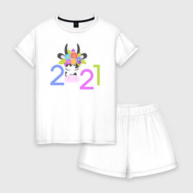 Женская пижама с шортиками хлопок с принтом 2021 в Петрозаводске, 100% хлопок | футболка прямого кроя, шорты свободные с широкой мягкой резинкой | 2021 | бык | год быка | год коровы | новый год | символ года