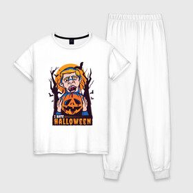 Женская пижама хлопок с принтом I hate halloween в Петрозаводске, 100% хлопок | брюки и футболка прямого кроя, без карманов, на брюках мягкая резинка на поясе и по низу штанин | bat | bats | clerc | human | killer | pumpkin | vampire | zombie | вампир | вурдалак | зомби | интроверт | кладбище | клерк | летучие мыши | мерч | не наш праздник | ненавижу | ненависть | тыква | тыквенная голова | убил | хеллоуи
