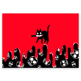Поздравительная открытка с принтом WHAT CAT в Петрозаводске, 100% бумага | плотность бумаги 280 г/м2, матовая, на обратной стороне линовка и место для марки
 | art | black | black cat | cat | dark | dark cat | halloween | what | what cat | what mem | арт | кот | кот арт | кот мем | мем | нож | праздник | прикол | прикольный кот | убица | хэллоуин | чёрный | чёрный кот | что | что мем