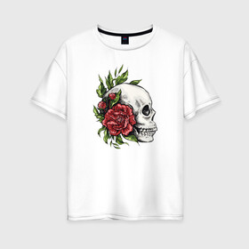 Женская футболка хлопок Oversize с принтом Череп и Роза в Петрозаводске, 100% хлопок | свободный крой, круглый ворот, спущенный рукав, длина до линии бедер
 | art | bones | fashion | flowers | jolly roger | rose | roses | skeleton | skull | skulls | smile | smiling | арт | ваза | иллюстрация | кости | лепестки | листья | мода | рисунок | роза | розы | скелет | стиль | тренд | улыбающийся | улыбка | ч