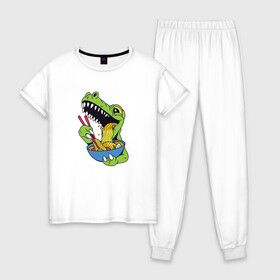 Женская пижама хлопок с принтом Ти Рекс ест Рамен в Петрозаводске, 100% хлопок | брюки и футболка прямого кроя, без карманов, на брюках мягкая резинка на поясе и по низу штанин | anime | cute | dino | dinosaur | kanji | kawaii | manga | rex | sushi | t rex | анимешный | грааль | динозаврик | иероглифы | катакана | кушает | лапша | макароны | манга | милота | милый | повелитель | рамен | рекс | суп | суши