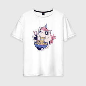 Женская футболка хлопок Oversize с принтом Единорог ест Рамен в Петрозаводске, 100% хлопок | свободный крой, круглый ворот, спущенный рукав, длина до линии бедер
 | anime | cute | kanji | kawaii | manga | pink | rainbow | sushi | unicorn | unicorns | анимешный | волшебный | грааль | единорожка | иероглифы | катакана | кушает | лапша | макароны | манга | милота | милый | повелитель | радуга | рамен