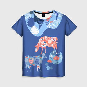 Женская футболка 3D с принтом коровы с цветами в Петрозаводске, 100% полиэфир ( синтетическое хлопкоподобное полотно) | прямой крой, круглый вырез горловины, длина до линии бедер | 2021 | бык | год быка | год коровы | новый год | символ года