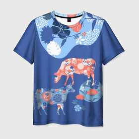 Мужская футболка 3D с принтом коровы с цветами в Петрозаводске, 100% полиэфир | прямой крой, круглый вырез горловины, длина до линии бедер | 2021 | бык | год быка | год коровы | новый год | символ года