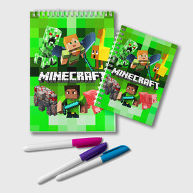 Блокнот с принтом Minecraft Майнкрафт в Петрозаводске, 100% бумага | 48 листов, плотность листов — 60 г/м2, плотность картонной обложки — 250 г/м2. Листы скреплены удобной пружинной спиралью. Цвет линий — светло-серый
 | alex | blox | creeper | dungeons | logo game | piggy | pixel | steve | zombie | алекс | герои | голем | детям | зомби | квадраты | крипер | куб | логотипы игр | майнкрафт | мальчикам | меч | мобы | персонажи | пиксель | пиксельный
