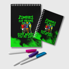 Блокнот с принтом Zombies eat brains в Петрозаводске, 100% бумага | 48 листов, плотность листов — 60 г/м2, плотность картонной обложки — 250 г/м2. Листы скреплены удобной пружинной спиралью. Цвет линий — светло-серый
 | Тематика изображения на принте: 31 октября | halloween | halowen | ведьма | день всех святых | джек | костюм | кровь | лого | монстр | надпись | праздник | приведение | призрак | светильник | символ | страшная | тыква | ужасы | хеллоуин | хеллуин