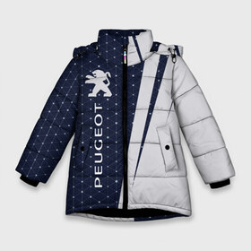 Зимняя куртка для девочек 3D с принтом PEUGEOT Пежо в Петрозаводске, ткань верха — 100% полиэстер; подклад — 100% полиэстер, утеплитель — 100% полиэстер. | длина ниже бедра, удлиненная спинка, воротник стойка и отстегивающийся капюшон. Есть боковые карманы с листочкой на кнопках, утяжки по низу изделия и внутренний карман на молнии. 

Предусмотрены светоотражающий принт на спинке, радужный светоотражающий элемент на пуллере молнии и на резинке для утяжки. | auto | logo | moto | peugeot | symbol | авто | автомобиль | гонки | знак | лого | логотип | логотипы | марка | машина | мото | пежо | символ | символы