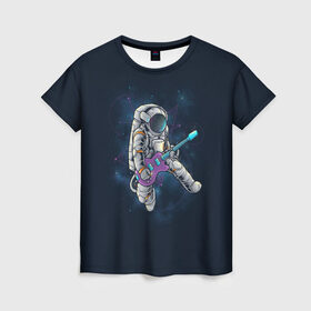 Женская футболка 3D с принтом Космонавт с гитарой в Петрозаводске, 100% полиэфир ( синтетическое хлопкоподобное полотно) | прямой крой, круглый вырез горловины, длина до линии бедер | арт | астронавт | гитара | гитарист | звезда | звёзды | космонавт | космос | ночь | рисунок | скафандр