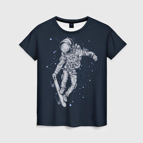 Женская футболка 3D с принтом Космонавт на скейте в Петрозаводске, 100% полиэфир ( синтетическое хлопкоподобное полотно) | прямой крой, круглый вырез горловины, длина до линии бедер | арт | астронавт | звезда | звёзды | космический отдых | космонавт | космос | ночь | отдых | рисунок | скафандр | скейт | трюки на скейте