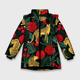 Зимняя куртка для девочек 3D с принтом Леопарды и цветы в Петрозаводске, ткань верха — 100% полиэстер; подклад — 100% полиэстер, утеплитель — 100% полиэстер. | длина ниже бедра, удлиненная спинка, воротник стойка и отстегивающийся капюшон. Есть боковые карманы с листочкой на кнопках, утяжки по низу изделия и внутренний карман на молнии. 

Предусмотрены светоотражающий принт на спинке, радужный светоотражающий элемент на пуллере молнии и на резинке для утяжки. | Тематика изображения на принте: leopard | животные | звери | леопард | леопарды | листья | принт животных | принт с животными | природа | растения | роза | розы | тропики | хищники | цветок | цветы