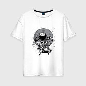 Женская футболка хлопок Oversize с принтом Космический скейт в Петрозаводске, 100% хлопок | свободный крой, круглый ворот, спущенный рукав, длина до линии бедер
 | арт | астронавт | звезда | звёзды | космический отдых | космонавт | космос | ночь | рисунок | скафандр | скейт | скейтборд