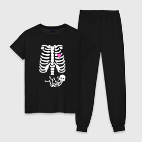 Женская пижама хлопок с принтом СКЕЛЕТ в Петрозаводске, 100% хлопок | брюки и футболка прямого кроя, без карманов, на брюках мягкая резинка на поясе и по низу штанин | dab | halloween | skeleton | арт | арт черепа | голова | дэб | кости | мертвец | мертвецы | праздник | праздник мёртвых | скелет | скелет dab | скелет дэб | хэллоуин | череп | черпа