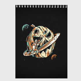 Скетчбук с принтом Halloween in Cosmos в Петрозаводске, 100% бумага
 | 48 листов, плотность листов — 100 г/м2, плотность картонной обложки — 250 г/м2. Листы скреплены сверху удобной пружинной спиралью | cosmos | день космонавтики | звезды | космонавт | космос | луна | небо | орбита | тыква | хеллоуин | юрий гагарин