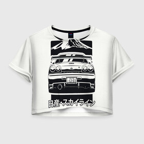 Женская футболка Crop-top 3D с принтом Skyline R 34 в Петрозаводске, 100% полиэстер | круглая горловина, длина футболки до линии талии, рукава с отворотами | car | need for speed | nissan | r 34 | skyline | автомобиль | гора | дрифт | ниссан | скайлайн | тачка | форсаж