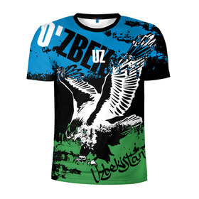 Мужская футболка 3D спортивная с принтом Узбекистан в Петрозаводске, 100% полиэстер с улучшенными характеристиками | приталенный силуэт, круглая горловина, широкие плечи, сужается к линии бедра | eagle | flag | raster | republic | uzbekistan | орел | растр | республика | узбекистан | флаг