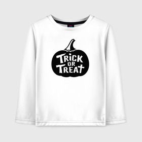 Детский лонгслив хлопок с принтом Trick or Treat в Петрозаводске, 100% хлопок | круглый вырез горловины, полуприлегающий силуэт, длина до линии бедер | 31 октября | halloween | halowen | ведьма | день всех святых | джек | костюм | кровь | лого | монстр | надпись | праздник | приведение | призрак | светильник | символ | страшная | тыква | ужасы | хеллоуин | хеллуин