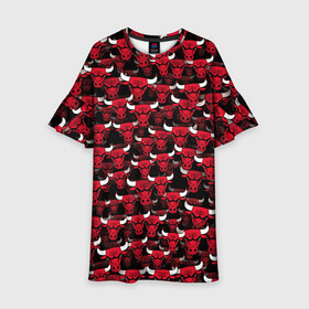 Детское платье 3D с принтом Быки Chicago Bulls в Петрозаводске, 100% полиэстер | прямой силуэт, чуть расширенный к низу. Круглая горловина, на рукавах — воланы | Тематика изображения на принте: баскетбол | бык | корова | красный | нба | паттерн | рога | чикаго буллз