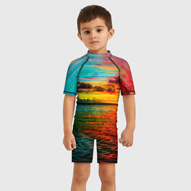 Детский купальный костюм 3D с принтом Glitch Sunset в Петрозаводске, Полиэстер 85%, Спандекс 15% | застежка на молнии на спине | clouds | glitch | ocean | sea | sky | sun | sunset | water | вода | глитч | море | небо | облака | океан | солнце