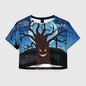 Женская футболка Crop-top 3D с принтом Жуткое дерево на кладбище в Петрозаводске, 100% полиэстер | круглая горловина, длина футболки до линии талии, рукава с отворотами | 2020 | evil | halloween | tree | ветви | дерево | дуб | зло | кладбище | луна | монстр | ночь | полночь | страшный | ужасающий | хэллоуин | хэлоуин
