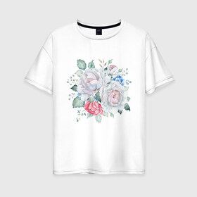 Женская футболка хлопок Oversize с принтом Букет белые розы в Петрозаводске, 100% хлопок | свободный крой, круглый ворот, спущенный рукав, длина до линии бедер
 | белые розы | букет | лето | нежность | цветы