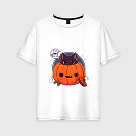 Женская футболка хлопок Oversize с принтом Киса в тыкве в Петрозаводске, 100% хлопок | свободный крой, круглый ворот, спущенный рукав, длина до линии бедер
 | cat | halloween | kitty | киса | кот | котик | кошка | тыква | хэллоуин