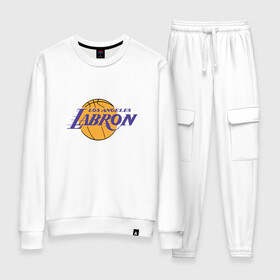 Женский костюм хлопок с принтом Lakers - James в Петрозаводске, 100% хлопок | на свитшоте круглая горловина, мягкая резинка по низу. Брюки заужены к низу, на них два вида карманов: два 