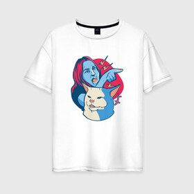 Женская футболка хлопок Oversize с принтом Женщина кричит на кота в Петрозаводске, 100% хлопок | свободный крой, круглый ворот, спущенный рукав, длина до линии бедер
 | cat | comics | comix | grumpy | kitty | meme | memes | peepo | pepo | point | screaming | yelling | злой | комикс | котенок | кошка | мем | мемас | мемная | мемчик | недовольный кот | непонятки | показывает | прикол | прочитал правильно | с