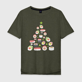 Мужская футболка хлопок Oversize с принтом Новогодняя елка из суши в Петрозаводске, 100% хлопок | свободный крой, круглый ворот, “спинка” длиннее передней части | christmas | claus | new year | nigiri | santa | stars | sushi | tree | волшебство | дед мороз | дерево | ель | звезда | клаус | настроение | нигири | новогодняя | подарки | рождественская | рождественское | санта | сашими