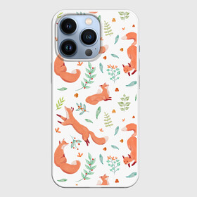 Чехол для iPhone 13 Pro с принтом Акварельные лисички в Петрозаводске,  |  | art | autumn | cute | pattern | winter | акварель | арт | арты | бежит | живопись | животные | зима | иллюстрация | лиса | лисица | лисы | милая | нарисованная | осень | охотник | пастель | паттерн | прыгает | пушистая